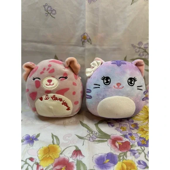 Squishmallow-style Plush Lot Of 2-pink"I Love You Leopard&Pastel Cat - Picture 1 of 4